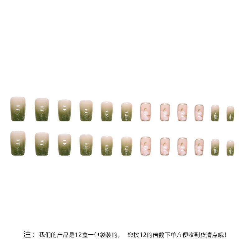 N-180 - Dream Flowers & Silver Sparkle Green - Press On Nail Set Of 24 - Free 24 Pcs Sticker Sheet Included