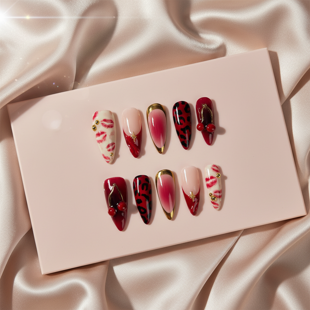 N-387 -  Rouge Obsession - Press On Nail Set Of 30 - Free 24 Pcs Sticker Sheet Included