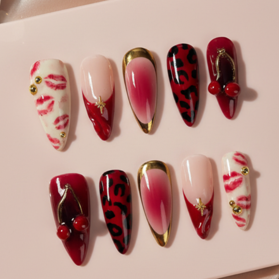 N-387 -  Rouge Obsession - Press On Nail Set Of 30 - Free 24 Pcs Sticker Sheet Included