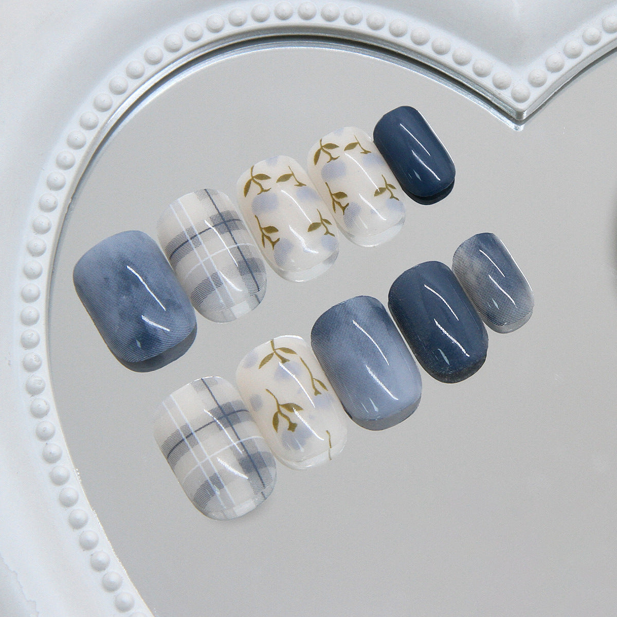 N-357 - Blue Flower & Grid  - Press On Nail Set Of 24 - Free 24 Pcs Sticker Sheet Included
