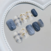 N-357 - Blue Flower & Grid  - Press On Nail Set Of 24 - Free 24 Pcs Sticker Sheet Included