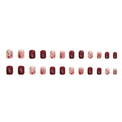 N-193 -  Shiny Maroon Flowers   - Press On Nail Set Of 24 - Free 24 Pcs Sticker Sheet Included