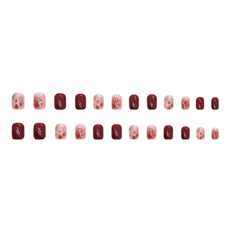 N-193 -  Shiny Maroon Flowers   - Press On Nail Set Of 24 - Free 24 Pcs Sticker Sheet Included