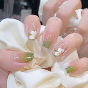 N-180 - Dream Flowers & Silver Sparkle Green - Press On Nail Set Of 24 - Free 24 Pcs Sticker Sheet Included
