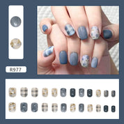 N-357 - Blue Flower & Grid  - Press On Nail Set Of 24 - Free 24 Pcs Sticker Sheet Included