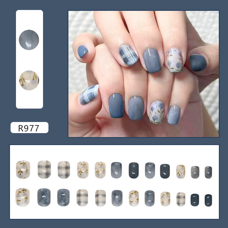 N-357 - Blue Flower & Grid  - Press On Nail Set Of 24 - Free 24 Pcs Sticker Sheet Included