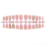 N-384 -  Pink Flower Gold Foil - Press On Nail Set Of 24 - Free 24 Pcs Sticker Sheet Included