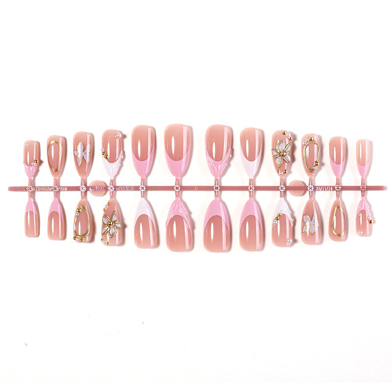 N-384 -  Pink Flower Gold Foil - Press On Nail Set Of 24 - Free 24 Pcs Sticker Sheet Included