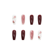 N-262- Pastel Flower & Red  Maroon - Press On Nail Set Of 24 - Free 24 Pcs Sticker Sheet Included