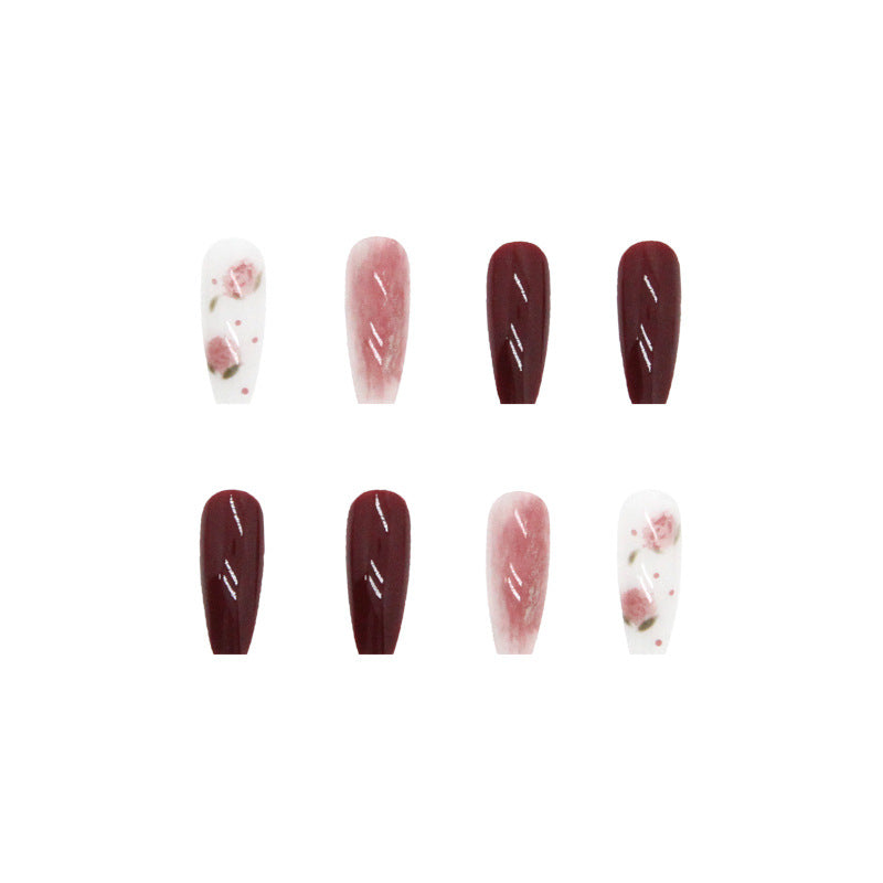 N-262- Pastel Flower & Red  Maroon - Press On Nail Set Of 24 - Free 24 Pcs Sticker Sheet Included