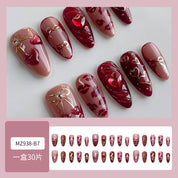 N-328 - Premium Foiled Bow & Girl  Red   - Press On Nail Set Of 30 - Free 24 Pcs Sticker Sheet Included