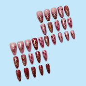 N-328 - Premium Foiled Bow & Girl  Red   - Press On Nail Set Of 30 - Free 24 Pcs Sticker Sheet Included