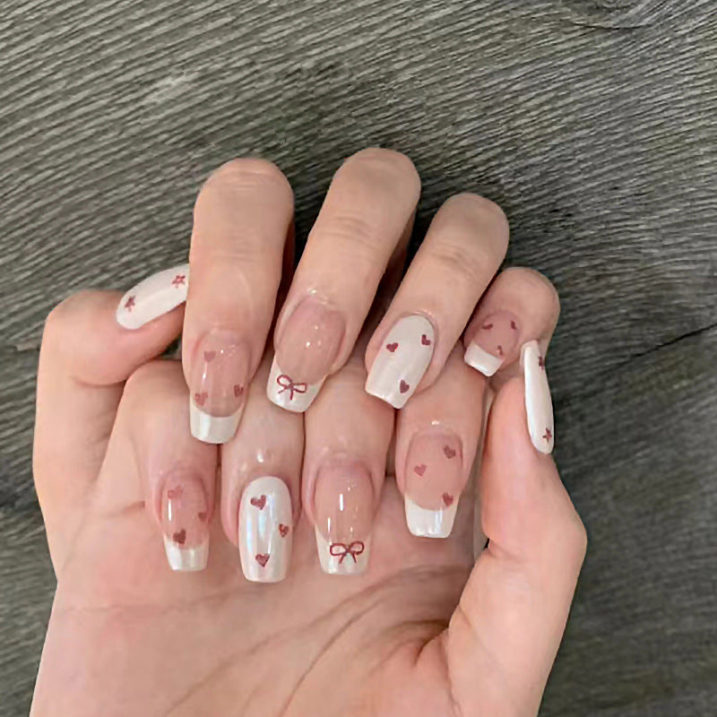 N-178 - Heart & Bows - Press On Nail Set Of 24 - Free 24 Pcs Sticker Sheet Included