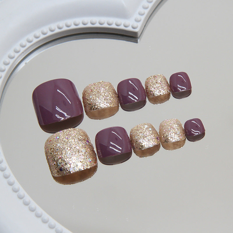 N-251 - Gold Glitter & Purple - Toenail Set Of 24- Free 24 Pcs Sticker Sheet Included