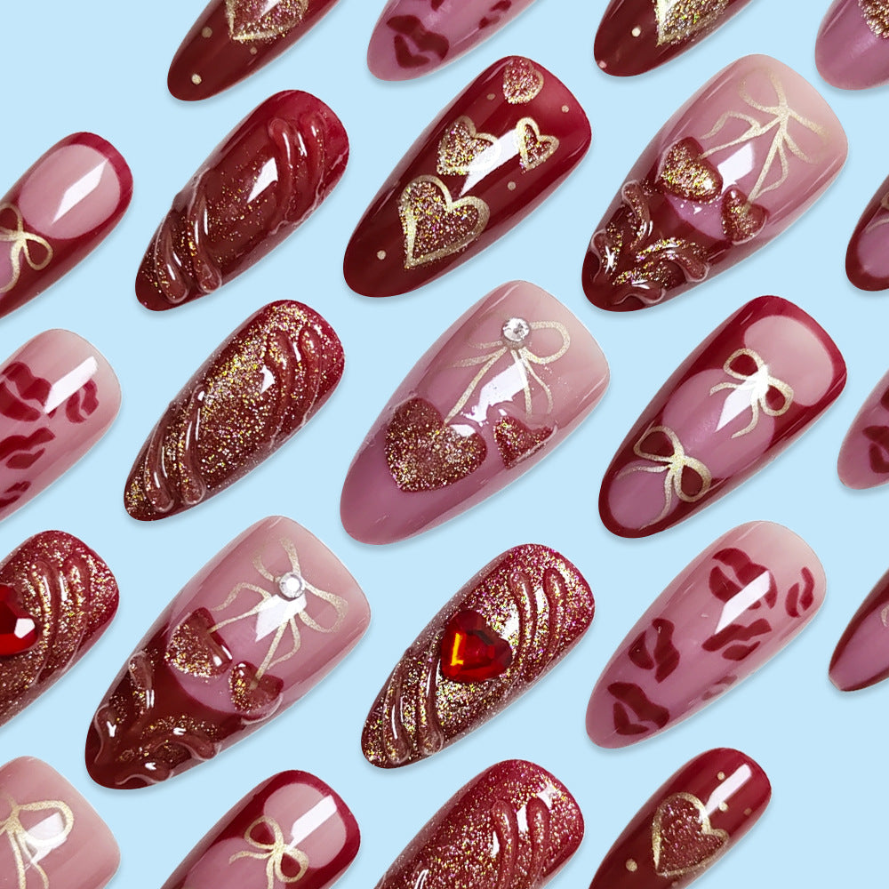 N-328 - Premium Foiled Bow & Girl  Red   - Press On Nail Set Of 30 - Free 24 Pcs Sticker Sheet Included