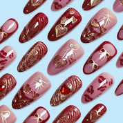 N-328 - Premium Foiled Bow & Girl  Red   - Press On Nail Set Of 30 - Free 24 Pcs Sticker Sheet Included