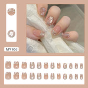 N-254 - Pearly Flower  - Press On Nail Set Of 24 - Free 24 Pcs Sticker Sheet Included