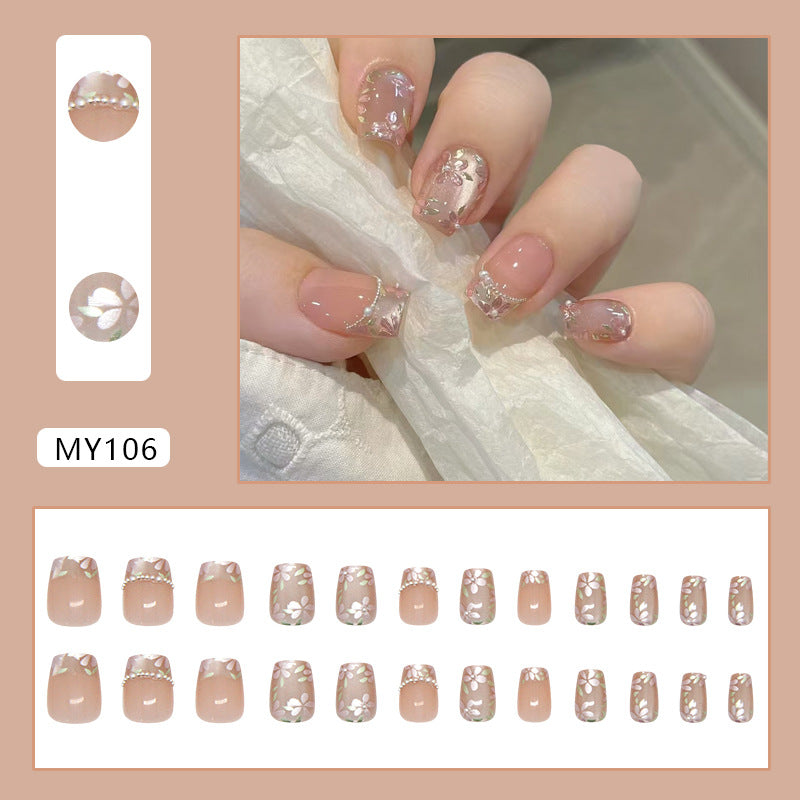 N-254 - Pearly Flower  - Press On Nail Set Of 24 - Free 24 Pcs Sticker Sheet Included