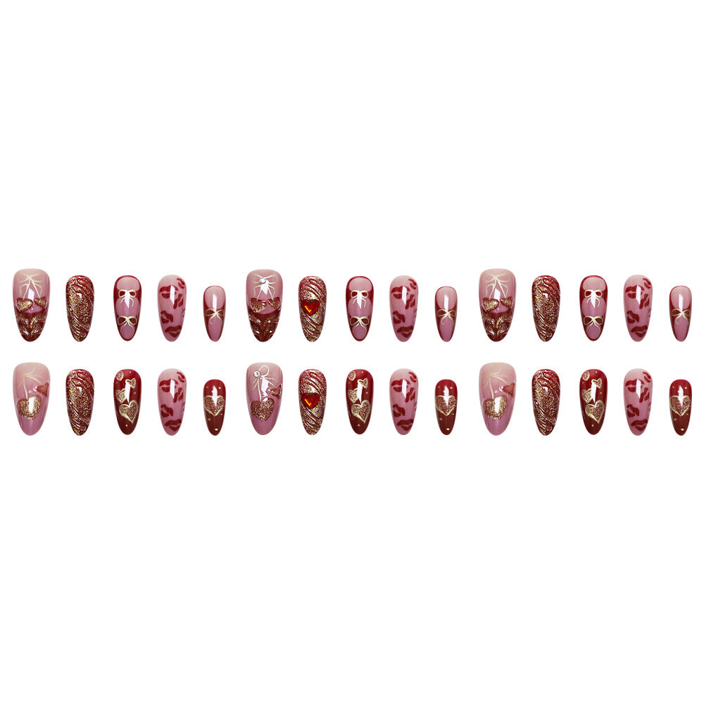 N-328 - Premium Foiled Bow & Girl  Red   - Press On Nail Set Of 30 - Free 24 Pcs Sticker Sheet Included