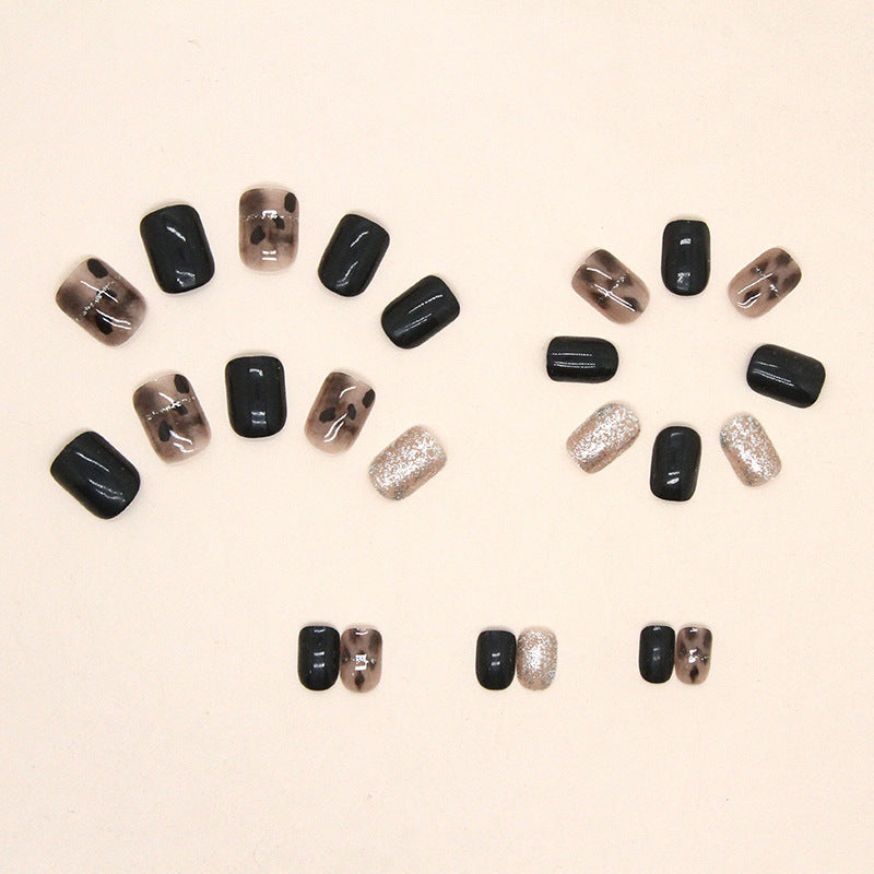 N-194 -  Fancy Foiled Black & Mix - Press On Nail Set Of 24 - Free 24 Pcs Sticker Sheet Included
