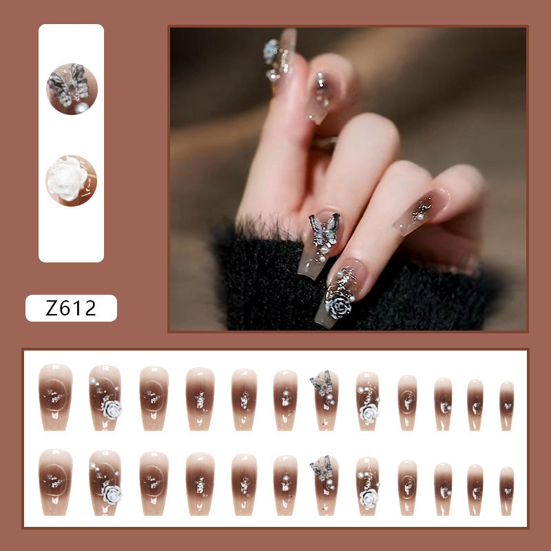 N-183 - Butterfly & Flower  - Press On Nail Set Of 24 - Free 24 Pcs Sticker Sheet Included