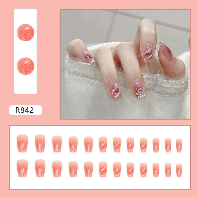 N-176 - Silver Foiled Sparkles Pink - Press On Nail Set Of 24 - Free 24 Pcs Sticker Sheet Included