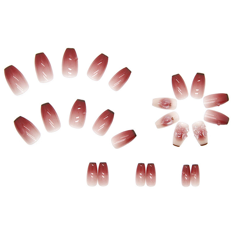 N-195 -  Shiny Butterfly Dark Pink  - Press On Nail Set Of 24 - Free 24 Pcs Sticker Sheet Included