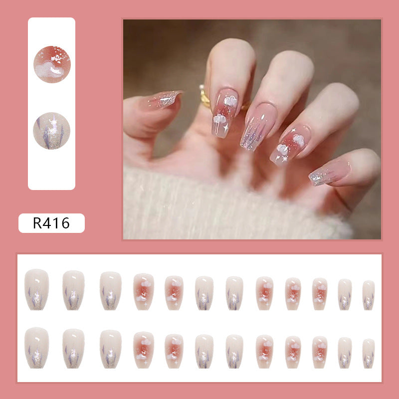 N-167 - Fantasy Sparke & Clouds - Press On Nail Set Of 24 - Free 24 Pcs Sticker Sheet Included