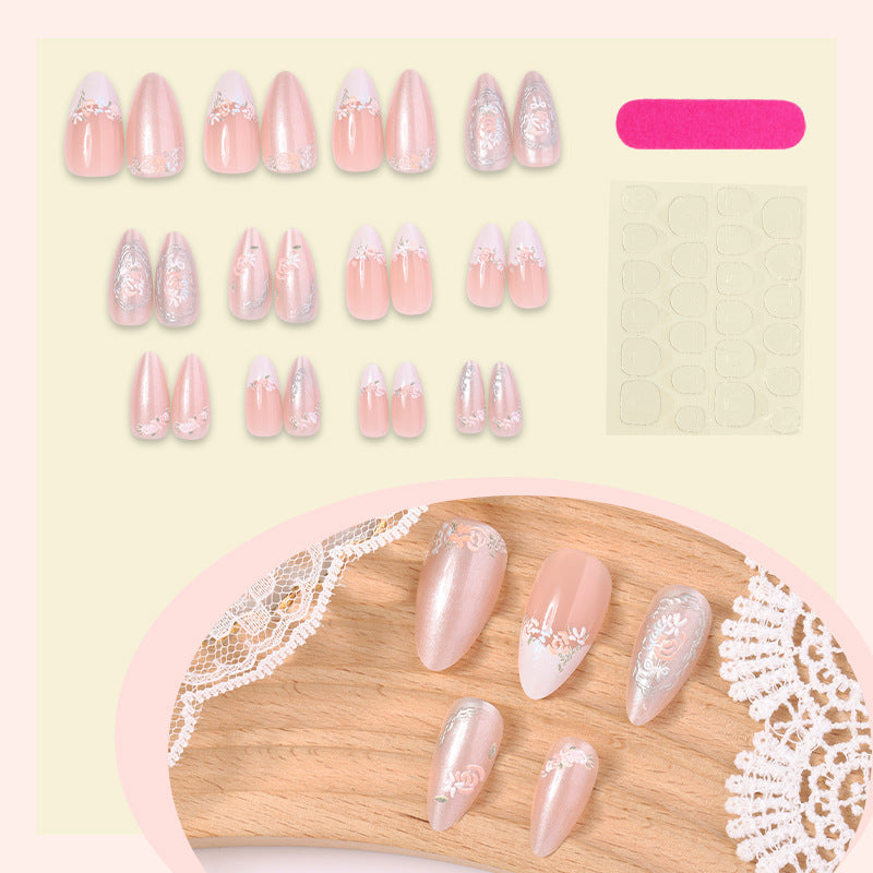 N-341 - Pink Floral  - Press On Nail Set Of 24 - Free Nail Kit Included