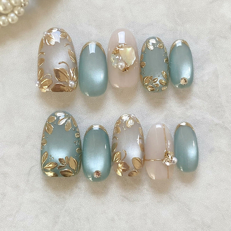 N-252  - Premium Gem Gold Flowers - Press On Nail Set Of 24 - Free 24 Pcs Sticker Sheet Included