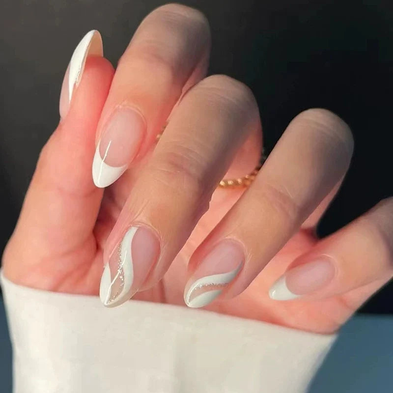 N-361 - Fancy Beige - Print Press On Nail Set Of 24 - Free 24 Pcs Sticker Sheet Included