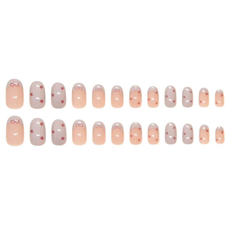 N-367 - Red Bow & Stars   - Print Press On Nail Set Of 24 - Free 24 Pcs Sticker Sheet Included