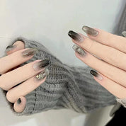 N-174 -Silver Foiled Black& Grey  - Press On Nail Set Of 24 - Free 24 Pcs Sticker Sheet Included