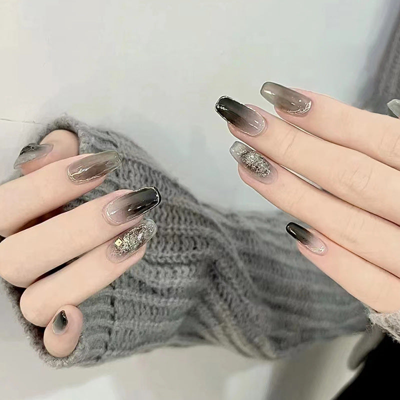 N-174 -Silver Foiled Black& Grey  - Press On Nail Set Of 24 - Free 24 Pcs Sticker Sheet Included
