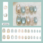 N-252  - Premium Gem Gold Flowers - Press On Nail Set Of 24 - Free 24 Pcs Sticker Sheet Included
