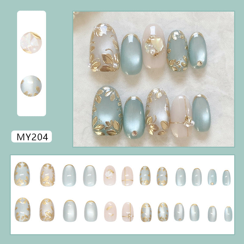 N-252  - Premium Gem Gold Flowers - Press On Nail Set Of 24 - Free 24 Pcs Sticker Sheet Included