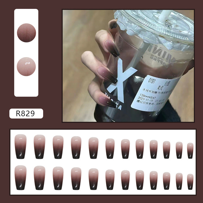 N-177 - Black & Morandi Pink - Press On Nail Set Of 24 - Free 24 Pcs Sticker Sheet Included
