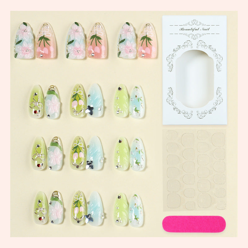N-381 - Shiny Oil Painting - Press On Nail Set Of 30 - Free 24 Pcs Sticker Sheet Included