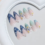 N-353 - Watercolor Flower  - Press On Nail Set Of 24 - Free 24 Pcs Sticker Sheet Included