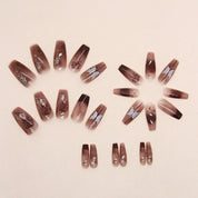 N-153 - Chocolate Brown Sparkle Butterfly - Press On Nail Set Of 24 - Free 24 Pcs Sticker Sheet Included