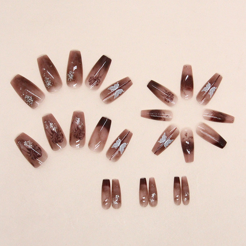N-153 - Chocolate Brown Sparkle Butterfly - Press On Nail Set Of 24 - Free 24 Pcs Sticker Sheet Included