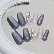 N-264 - Glacier & Crystal Diamonds- Press On Nail Set Of 24 - Free 24 Pcs Sticker Sheet Included