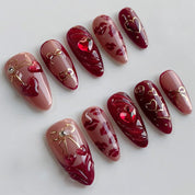N-328 - Premium Foiled Bow & Girl  Red   - Press On Nail Set Of 30 - Free 24 Pcs Sticker Sheet Included
