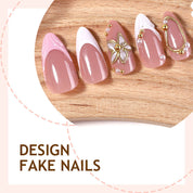 N-384 -  Pink Flower Gold Foil - Press On Nail Set Of 24 - Free 24 Pcs Sticker Sheet Included