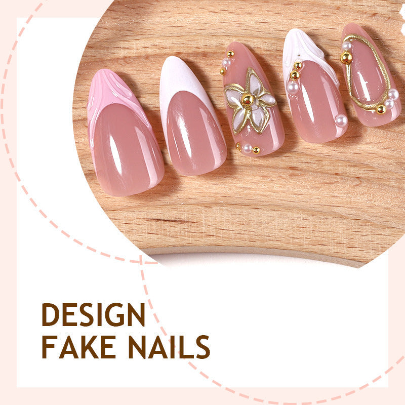 N-384 -  Pink Flower Gold Foil - Press On Nail Set Of 24 - Free 24 Pcs Sticker Sheet Included