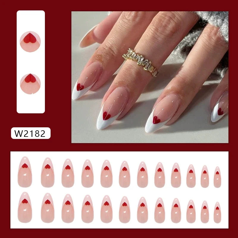 N-355 - Red Heart - Print Press On Nail Set Of 24 - Free 24 Pcs Sticker Sheet Included