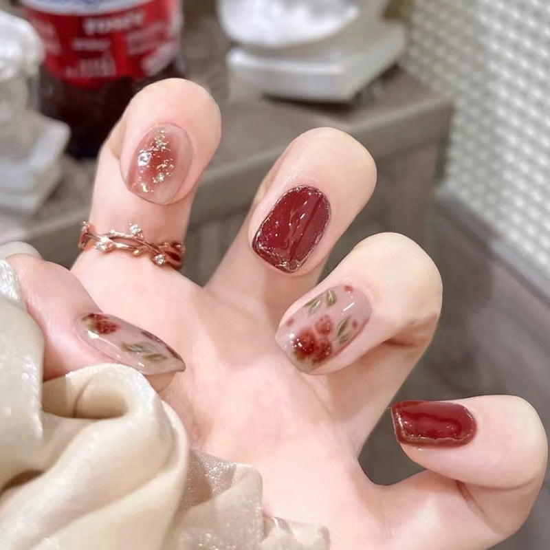 N-193 -  Shiny Maroon Flowers   - Press On Nail Set Of 24 - Free 24 Pcs Sticker Sheet Included