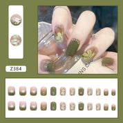 N-187 - Natural Flowers Green  - Press On Nail Set Of 24 - Free 24 Pcs Sticker Sheet Included