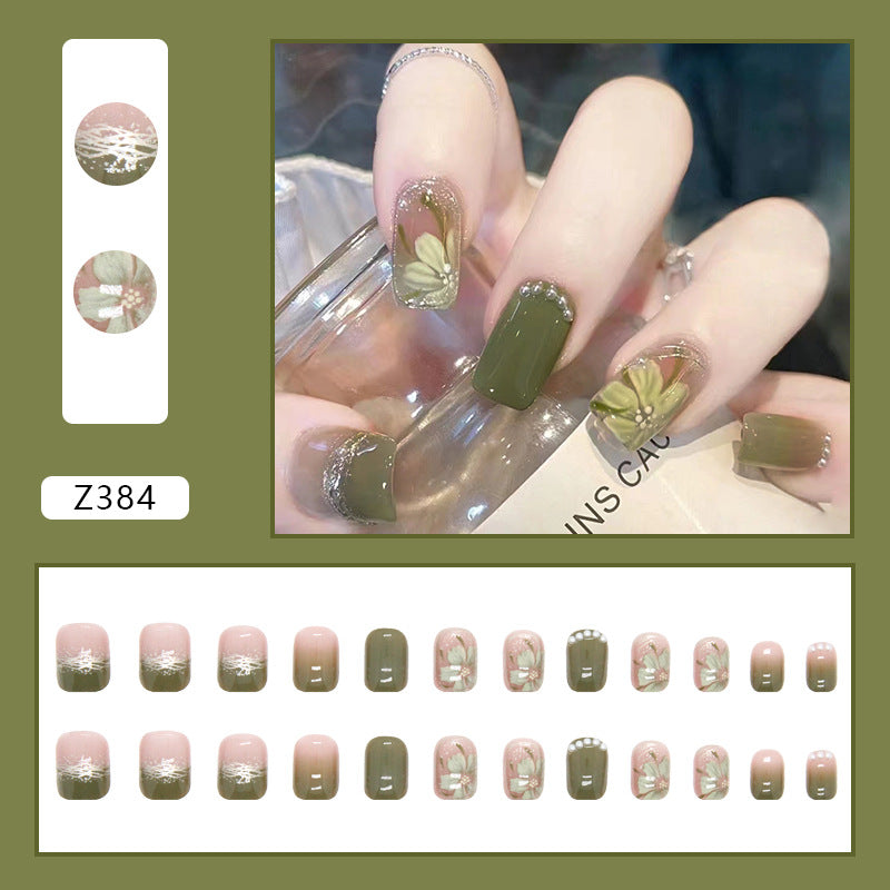 N-187 - Natural Flowers Green  - Press On Nail Set Of 24 - Free 24 Pcs Sticker Sheet Included