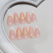 N-368 - Gold Foil Flower Peach - Press On Nail Set Of 24 - Free 24 Pcs Sticker Sheet Included